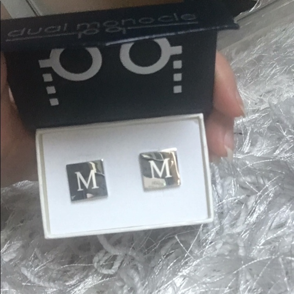 New in Box Dual Monocle Monogrammed “M” Cufflinks Silver Tone